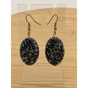 Leopard Print Oval Dangle Earrings With Gold Hooks